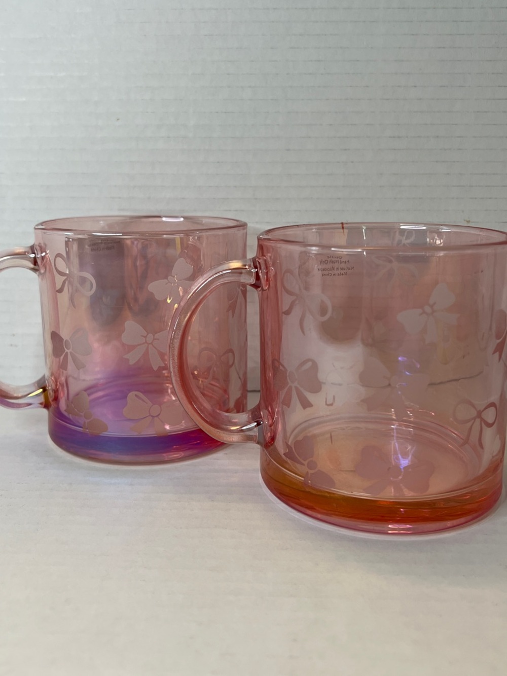 Pink Bow Iridescent Glass Coquette Coffee Cups Set of 2 New
